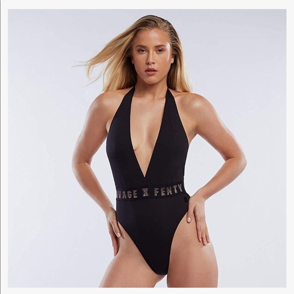 Savage X Fenty Black w Gold Halter Women One Piece Bodysuit Size Small